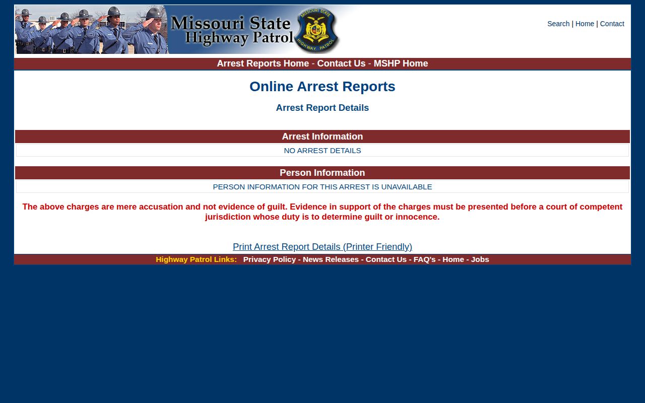 Missouri State Highway Patrol arrest detail interface showing report field layout