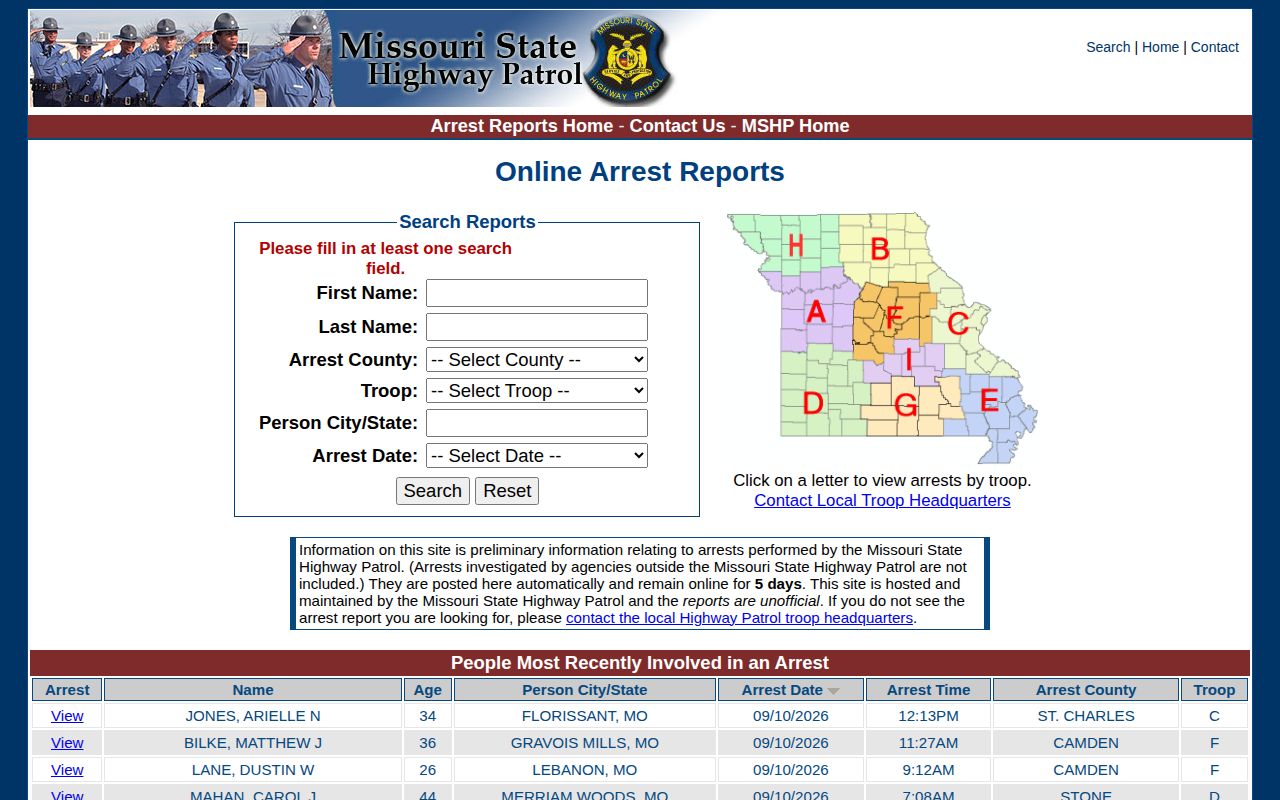 Missouri State Highway Patrol arrest report search form with county and date filters