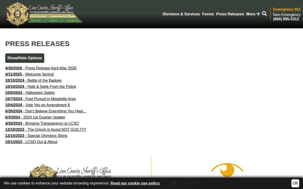 Linn County Sheriff's Office press release page with category and year filters