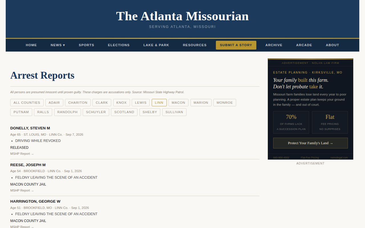 Atlanta Missourian Linn County arrest page showing MSHP-derived entries and attribution