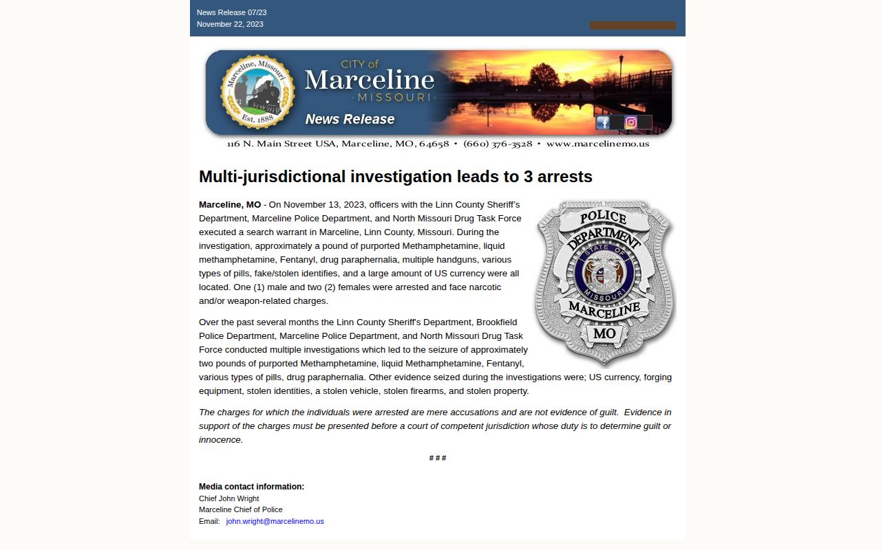 Official Marceline multiagency arrest release with accusation and innocence language