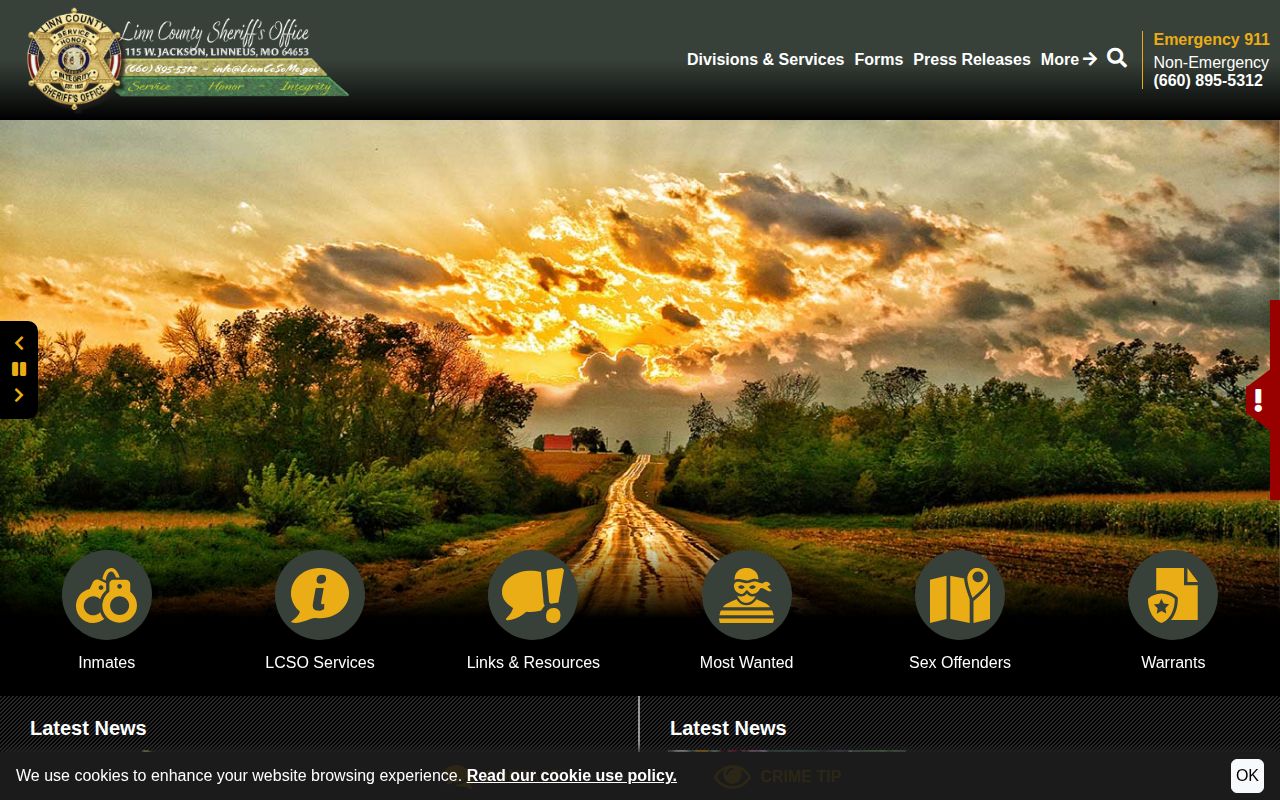 Official Linn County Sheriff homepage showing the Linneus county-seat contact